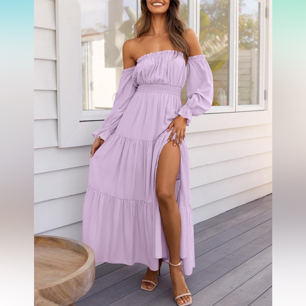 NWT Boho Sexy Off Shoulder Long Sleeve Side Split Flowy A Line Long Maxi Dress